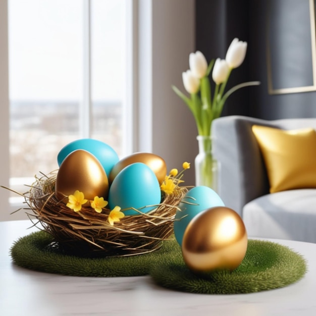 Easter still life with eggs in a nest and spring fresh flowers