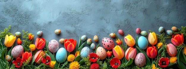 Easter style decoration banner Coloured eggs and coloured tulips on blue background Holiday celebrat