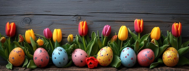 イースタースタイルの装飾バナー 濃い灰色の木製の背景に彩った卵と彩ったチューリップ ホリ