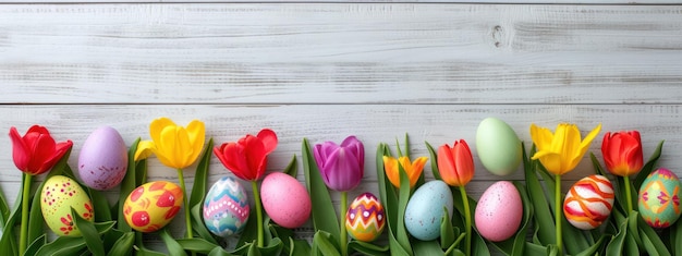 Easter style decoration banner Coloured eggs and coloured tulips on light grey wooden background Hol