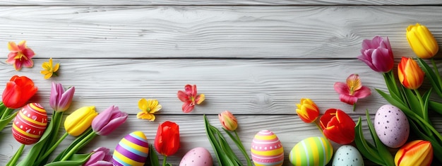 Easter style decoration banner Coloured eggs and coloured tulips on light grey wooden background Hol
