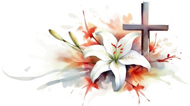 Easter Sunday Illustration with Clean Lines Watercolor Crucifix and Lilies on White Background