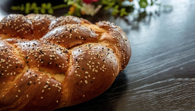 Easter sweet bread greek tsoureki brioche braid on wooden table close up view