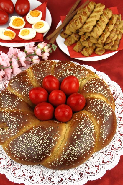 Easter sweet bread with red eggs