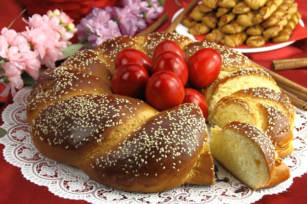 Easter sweet bread with red eggs