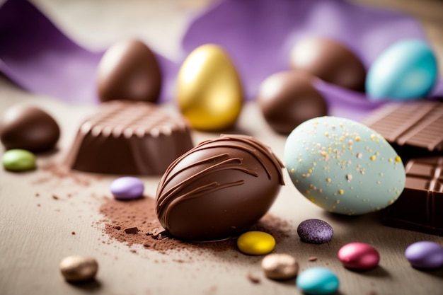 Easter symbol eggs and pieces of chocolate Chocolate is a food made from fermented and roasted cocoa beans