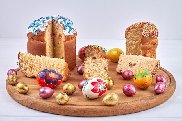 Easter symbols food. Painted colorful chicken eggs for spring christian orthodox holiday celebration.