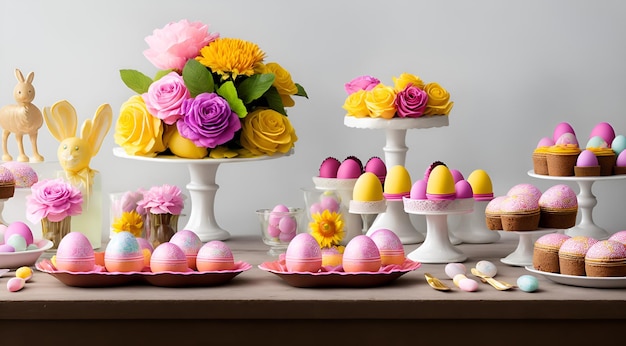 Easter table place setting decoration with colorful eggs Traditional Easter treats on festive table decorated with spring flowers created with Generative AI technology