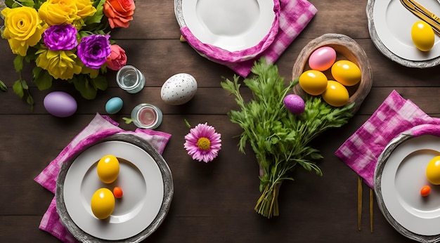 Easter table place setting decoration with colorful eggs Traditional Easter treats on festive table decorated with spring flowers created with Generative AI technology