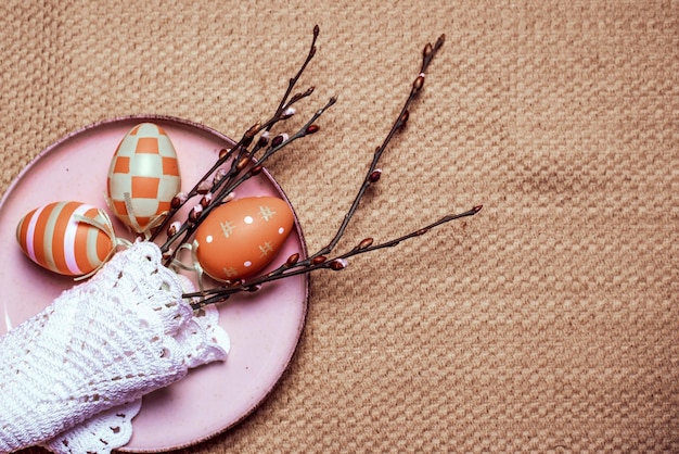 Easter table setting Easter traditional decor Branches With Catkins Easter Eggs