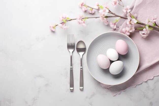 Easter table setting with painted eggs spring blossom flowers generative ai