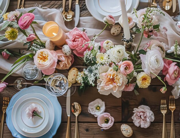 Easter table setting with painted eggs spring flowers and crockery