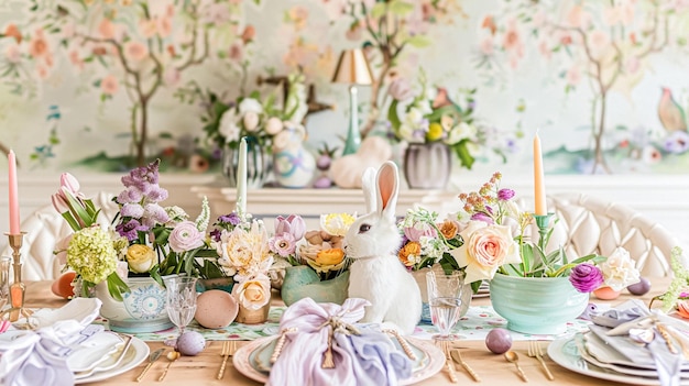 Пасхальная столовая обстановка с окрашенными яйцами весенними цветами и посудой
