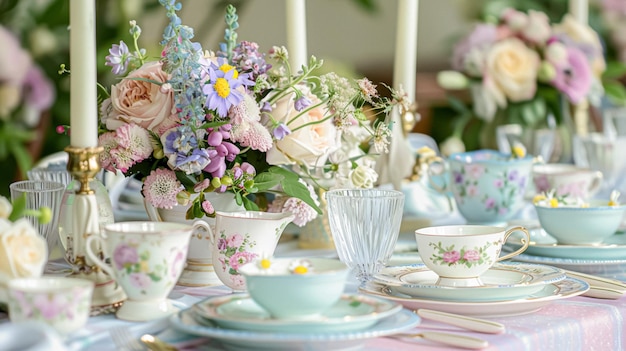 Easter table setting with painted eggs spring flowers and crockery