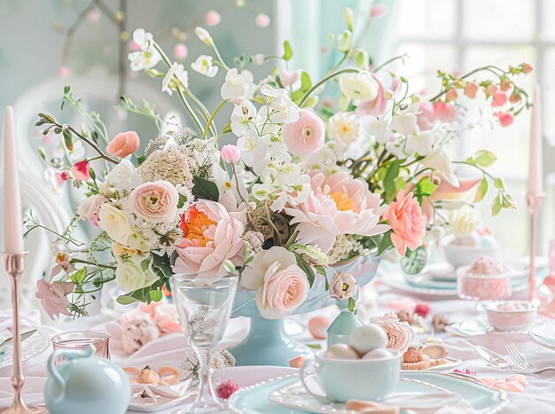 Easter table setting with painted eggs spring flowers and crockery