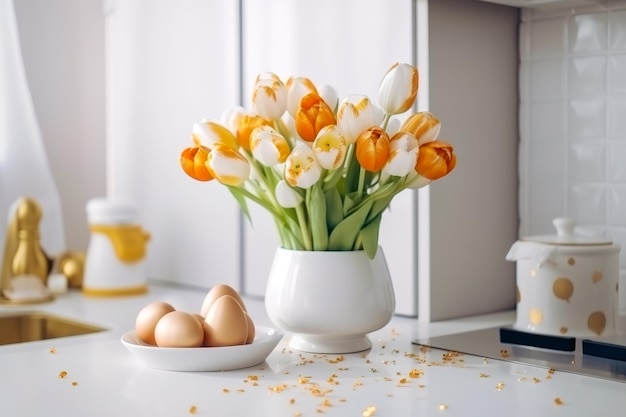 Easter table setting with tulips Easter bunnies and eggs with golden patterns in the white Scandinavianstyle kitchen background Beautiful minimalist design for greeting card