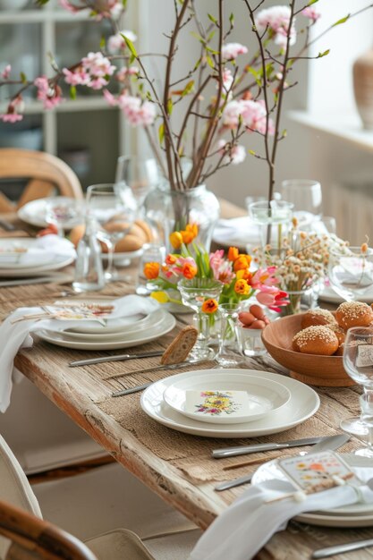 Easter table setting with vibrant flowers painted eggs and decorative plates