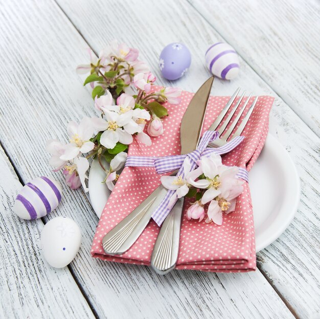 Easter table settings with fresh blossom