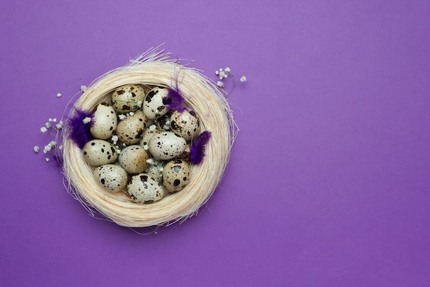 Tavola di pasqua con le uova in un nido su un tavolo viola