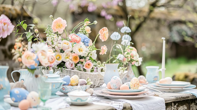 Easter tablescape decoration floral holiday table decor for family celebration spring flowers Easter eggs Easter bunny and vintage dinnerware English country and home styling