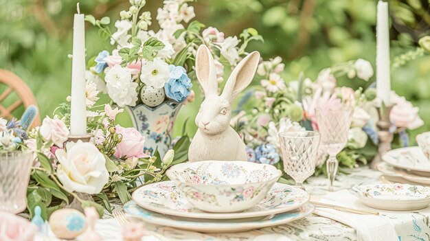 Easter tablescape decoration floral holiday table decor for family celebration spring flowers Easter eggs Easter bunny and vintage dinnerware English country and home styling