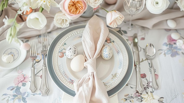 Easter tablescape decoration floral holiday table decor for family celebration spring flowers Easter eggs Easter bunny and vintage dinnerware English country and home styling