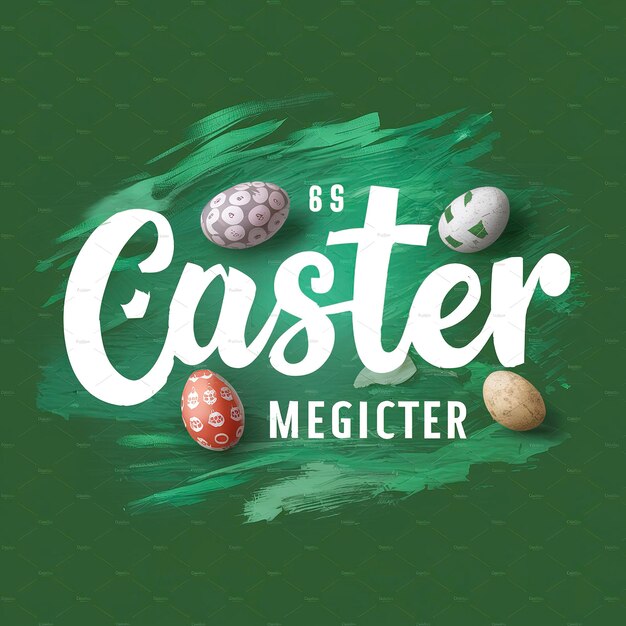 Photo easter text on a green background with brush strokes with quail eggs letter