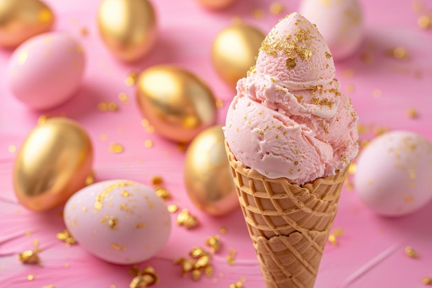 부활절 테마 아이스크림은 파스텔 배경에 파스텔 분홍색과 금색의 파스텔 달과 함께 콘에 있습니다.