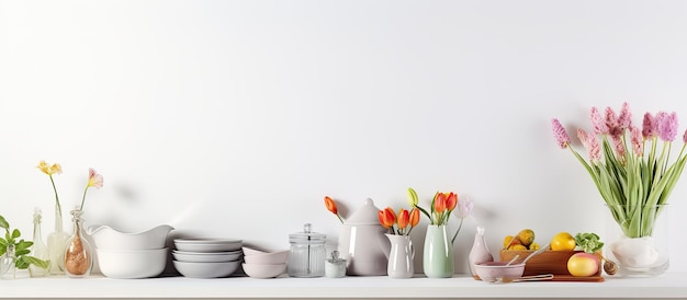 Easter themed kitchenware utensils and decorations displayed neatly on a white shelf or counter