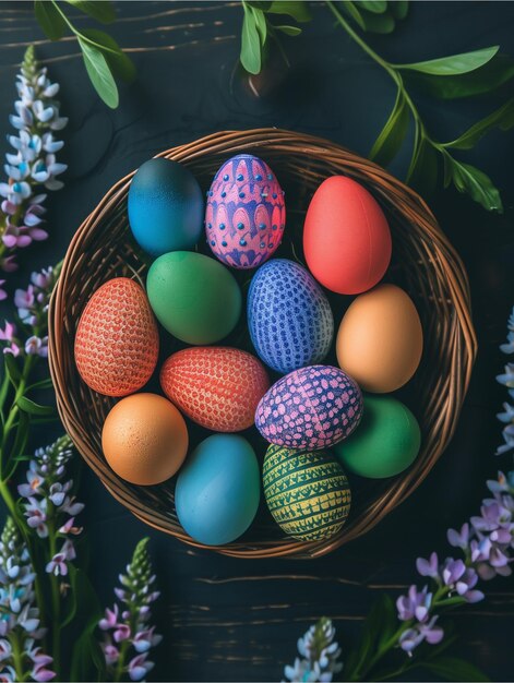 Easter themed photo of colorful eggs in a basket