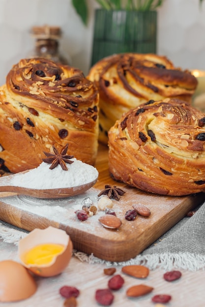 Easter traditional bread cake kraffin panettone decorated on kitchen table