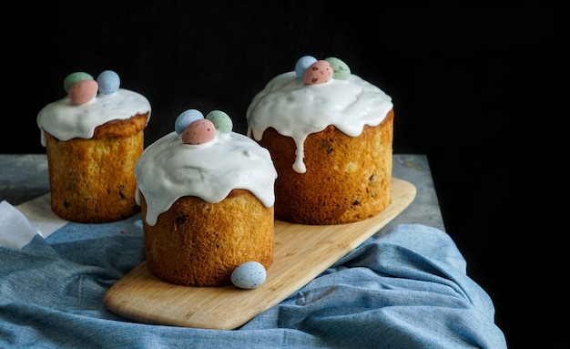 Easter traditional orthodox sweet bread, kulich. Easter holidays breakfast. eggs                                 