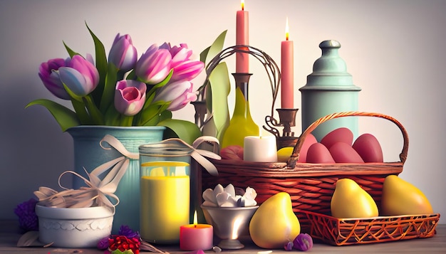 Easter Traditions A Basket of Vibrant Flowers and Decorated Eggs ai generated