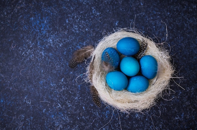 Foto uova di pasqua turchesi con ramoscelli in un nido decorativo sull'azzurro