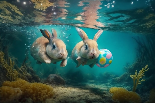 Easter vacation travel with cute bunnies hunting for Easter eggs underwater Generative AI