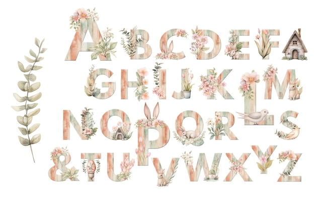 Easter watercolor floral alphabet with wooden texture and flowers