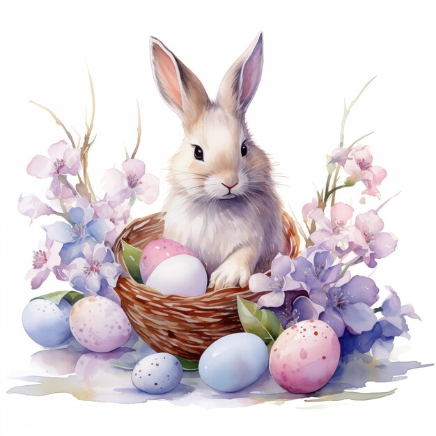 Фото Пасхальная акварельная иллюстрация с очаровательным кроликом, сидящим с корзиной цветных яиц