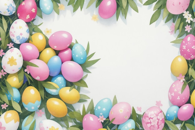 Easter watercolor spring background Top view composition Easter card