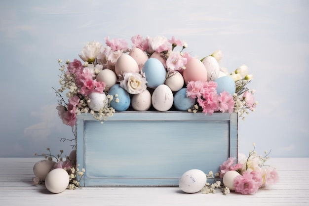Photo easter white and blue eggs and lots of wildflowers in wooden box of wooden pastel blue background