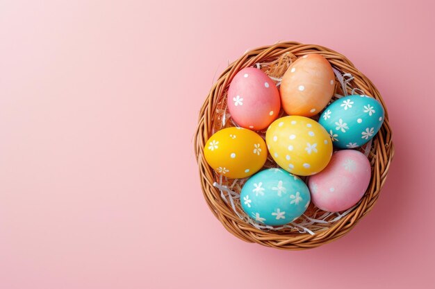 Easter wicker basket with pastel colorful eggs for festive holiday generative ai