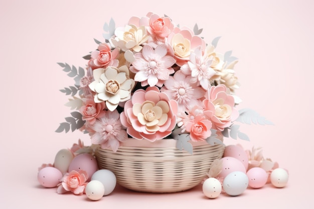 Easter wicker basket with pastel colorful eggs for festive holiday generative ai