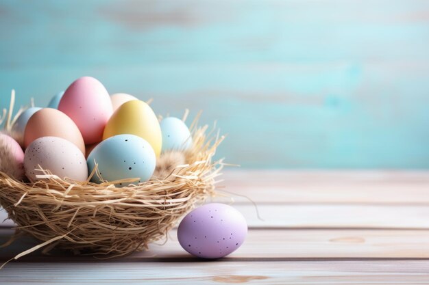 Easter wicker basket with pastel colorful eggs for festive holiday generative ai