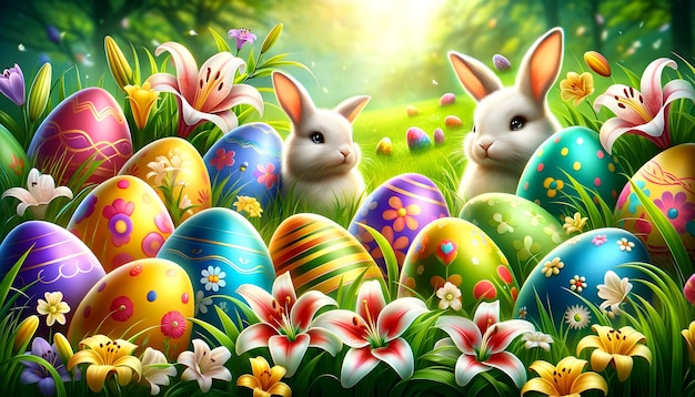 Photo easter wonderland cheerful egg hunt among blossoming lilies and frolicking bunnies