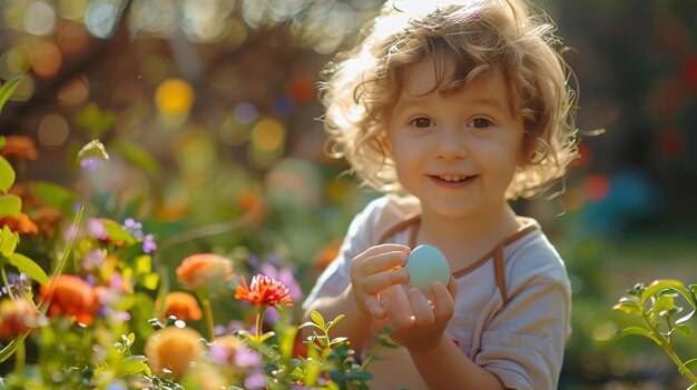 写真 イースター・ワンダーランド 幼児の楽しい庭園の冒険 色とりどりの花とイースター・エッグの中