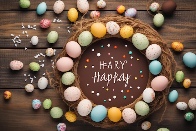 Easter word on round paper frame with bunnies chocolate pieces and gems on wooden background