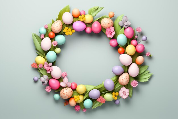 Foto ghirlanda di pasqua splendidamente decorata con uova e fiori modello di modello di pasqua con spazio di copia per