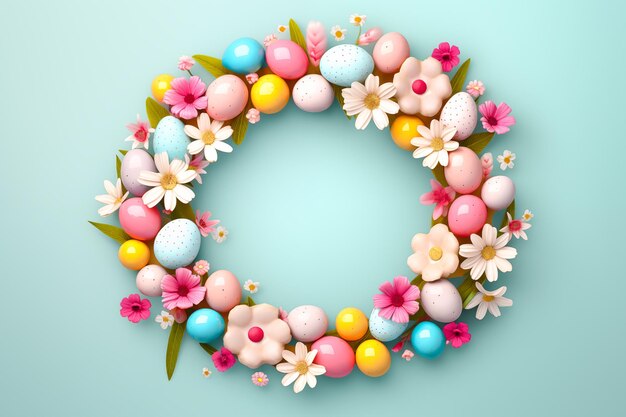 Foto ghirlanda di pasqua splendidamente decorata con uova e fiori modello di modello di pasqua con spazio di copia per