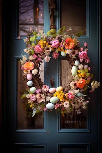 ドアにイースターの花束 ハッピーイースター背景 家の装飾