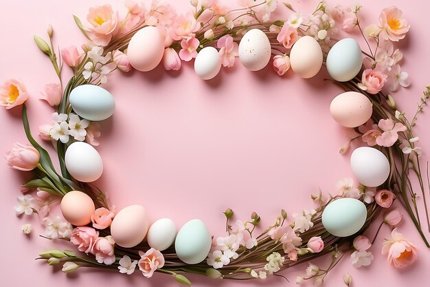 Easter wreath with eggs and flowers on pink background top view