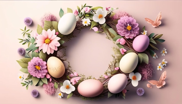 Easter wreath with pink eggs flowers and butterflies 3d illustration